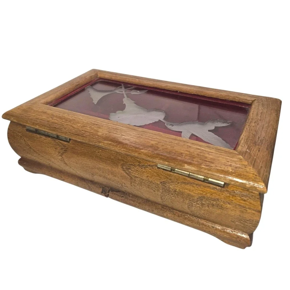 Willits Co. Wood & Humming Bird Etched Glass Jewelry Music Box Beautiful Dreamer